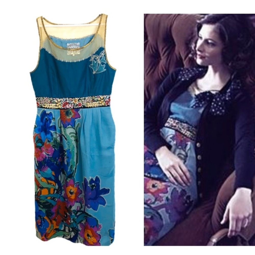 Floret‎ Anthropologie Floral Dress Beaded Waist Sleeveless Size 8